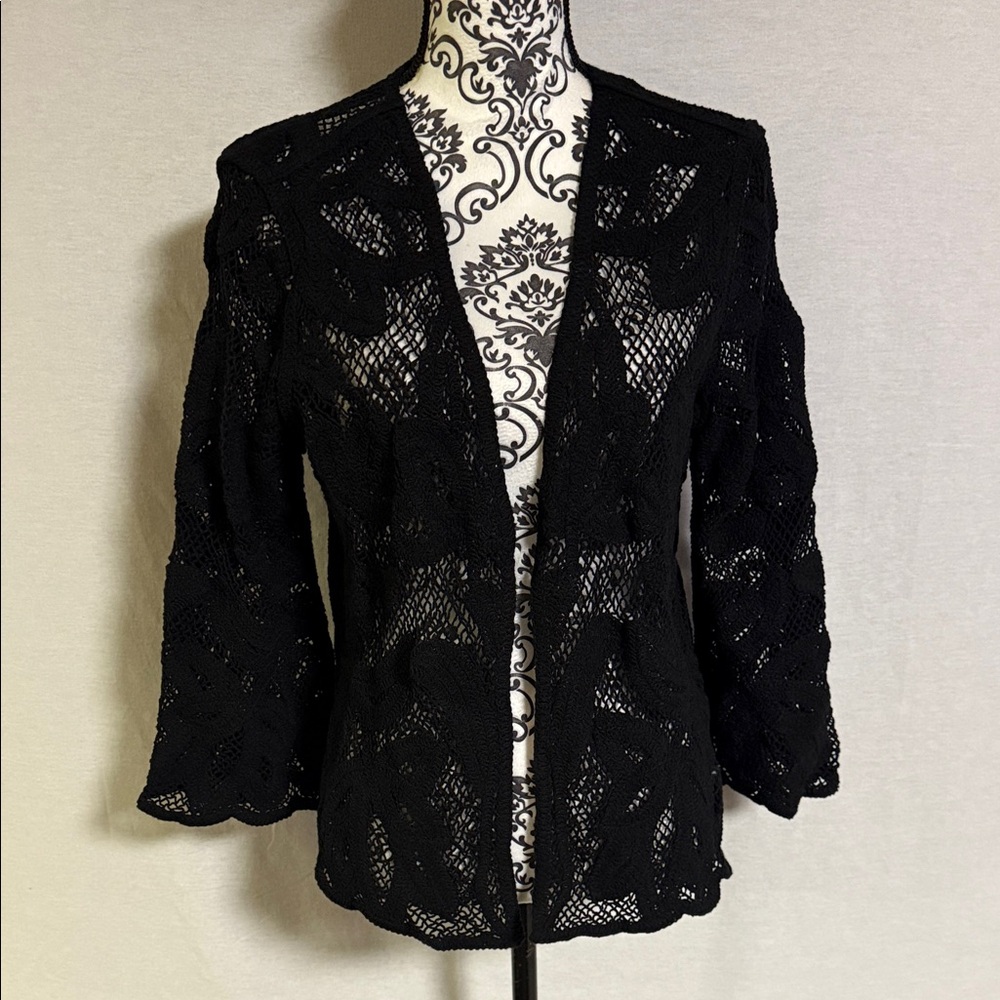 Chico’s Elegant Black Cotton Crochet Knit open front Cardigan with bell sleeves